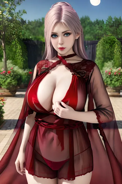 1girl,(RED theme: 1.2), (Sheer fabric pajamas: 1.2),(Velvet fabric robe: 1.2), (Ice flower Robe: 1.15),  ,garden,moon,silver-haired,huge breasts,lactating,(lip gloss),(masterpiece), best quality, (real life portrait photography:1.5),unltra detailed,8K,Shot...