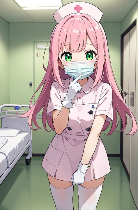 1girl, solo, nurse, white nurse cap, white nurse uniform, ((white legwear, zettai ryouiki)), white gloves, pink hair, green eyes, drooping eyes, ((white surgical mask, covered nose)), standing, ((hospital room)), sharp outline, short sleeves, best quality,...