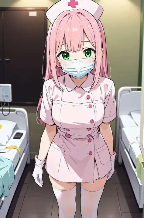 1girl, solo, nurse, white nurse cap, white nurse uniform, ((white legwear, zettai ryouiki)), white gloves, pink hair, green eyes...