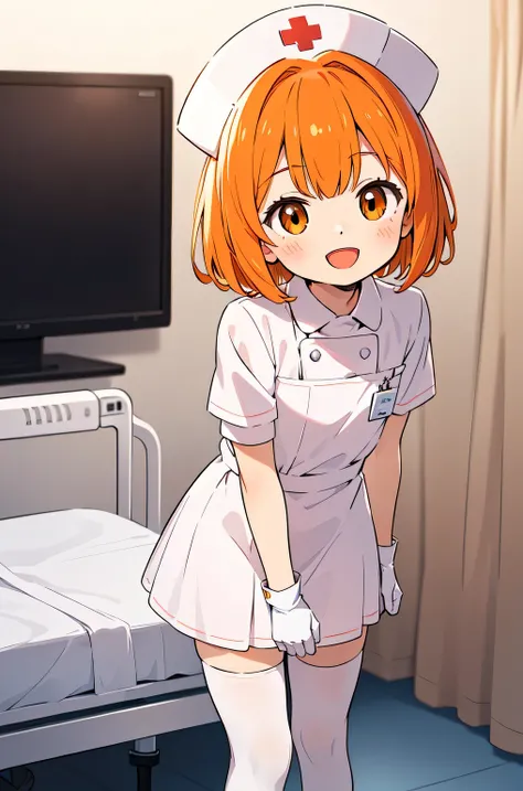 1boy, solo, male focus, nurse, white nurse cap, white nurse uniform, ((white legwear, zettai ryouiki)), white gloves, short hair, orange hair, smile, open mouth, standing, ((hospital room)), sharp outline, short sleeves, shota, 12 years old, best quality, ...