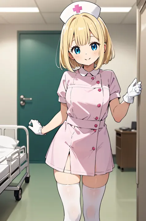 1woman, solo, nurse, white nurse cap, white nurse uniform, ((white legwear, zettai ryouiki)), white gloves, blonde hair, blue eyes, pink lips, smile, standing, ((hospital room)), sharp outline, short sleeves, mature female, 35 years old, best quality, mast...