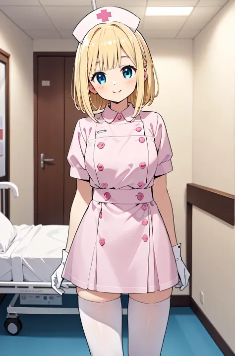 1woman, solo, nurse, white nurse cap, white nurse uniform, ((white legwear, zettai ryouiki)), white gloves, blonde hair, blue eyes, pink lips, smile, standing, ((hospital room)), sharp outline, short sleeves, mature female, 35 years old, best quality, mast...