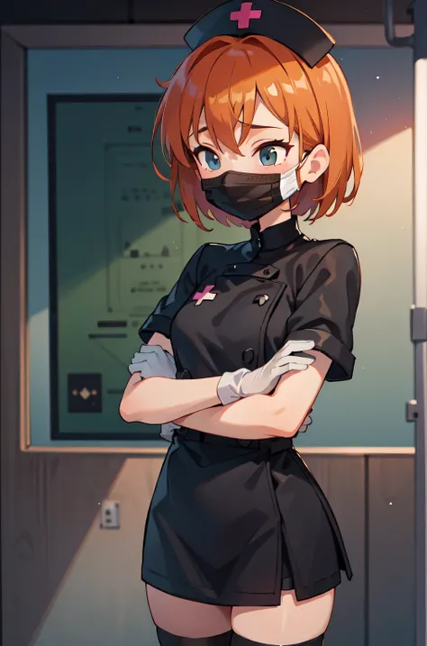 black nurse, 1girl, solo, black nurse cap, black nurse uniform, ((black legwear, zettai ryouiki)), black elbow gloves, very short hair, orange hair, ((black surgical mask, covered nose)), standing, ((surgery room)), sharp outline, short sleeves, tomboy, bo...