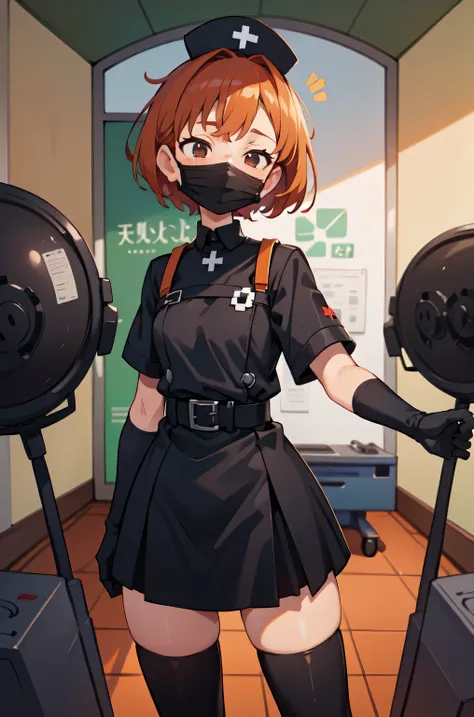 black nurse, 1girl, solo, black nurse cap, black nurse uniform, ((black legwear, zettai ryouiki)), black elbow gloves, very short hair, orange hair, ((black surgical mask, covered nose)), standing, ((surgery room)), sharp outline, short sleeves, tomboy, bo...