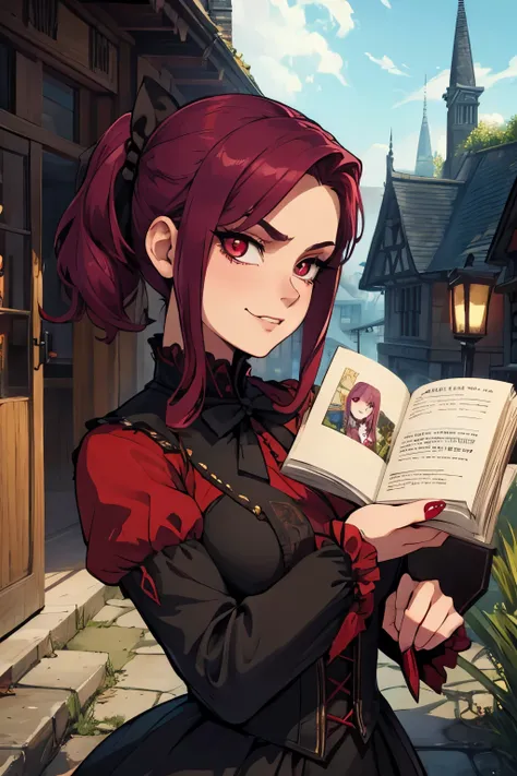 1 vampire girl, reptile, fantasy, Victorian, village, maroon hair, smug,cute