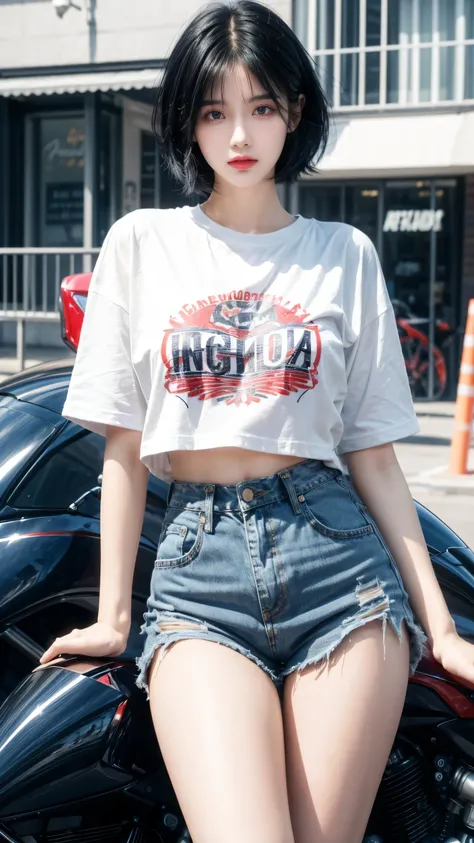 best quality, 1 Girl, dark blue hair, black eyes, Very short hair, Spiky hair, white and red TEXT oversize t-shirt, High waist short jeans, 171 cm, Messy hair, Hair between the eyes, Medium breasts, full, Tomboy, aldult, 20 years old, 1 Girl near red motor...