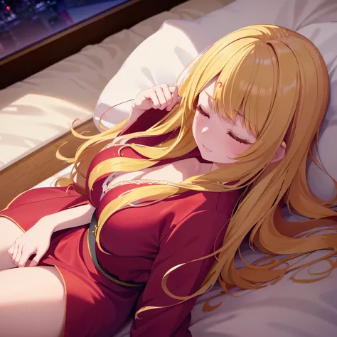 1woman,Sleeping in Japanese bedroom,Camera angle from above, night, stunning,full body photo, closed eyes,very detailed face,cute,,HD face, perfect face,Red nightgown,Very big breasts,Blonde hair,blonde hair,bangs,long hair,wavy hair,ultra detail,ultra Hd,...