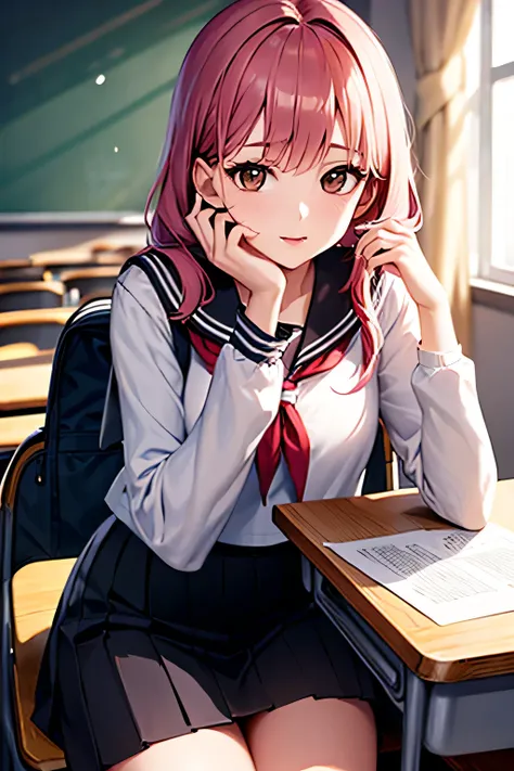 ((masterpiece, best quality)),best aesthetic,1girl, , desk, sitting, school desk, black and pink hair, classroom, long hair, indoors, chair, looking at viewer, :p, solo focus, brown eyes, skirt, long sleeves, pencil, 1 boy, pencil case, paper, black serafu...