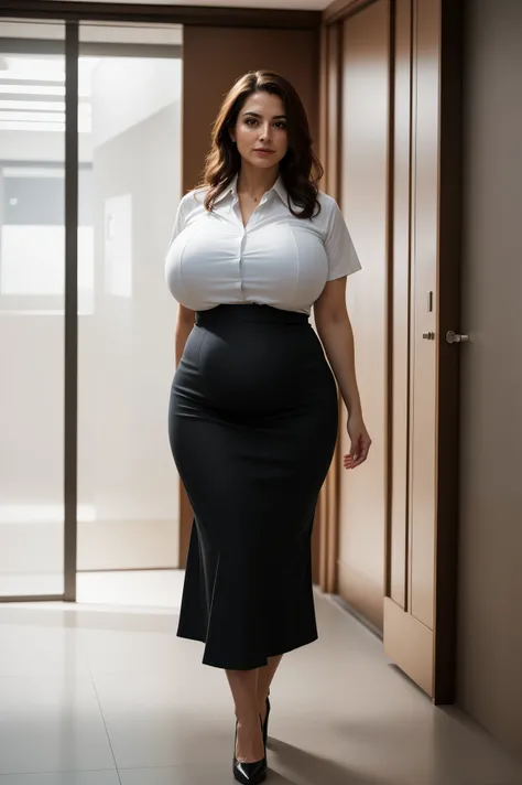 40yo MATURE MILF Eleonora Pavinat as corporate lady, entering the office door, in teasing pose, she is wearing a conservative business attire, business shirt, very long business skirt, high heels, athletic healthy curvy milf figure, open hair, hourglass fi...