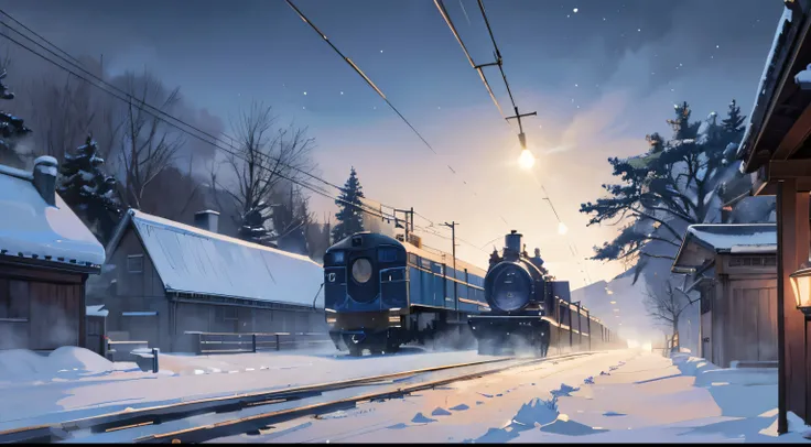 A train is running through the snow、night、Moonlight、Fantasy