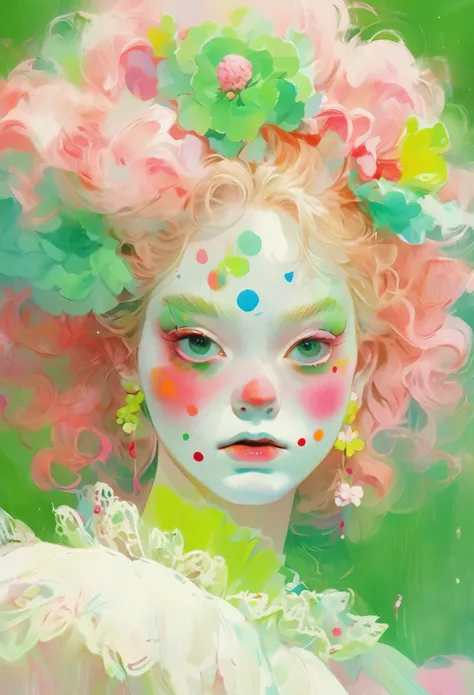 Clown makeup,Medium shot, Pastel painting of a young female, Two fluorescence angles, Startled look, black background, pale face, huge beautiful round eyes, long cilia, rococo style, fluorescent pink and green, by by Junji Ito, Inoue Takehiko, Julie Bell, ...
