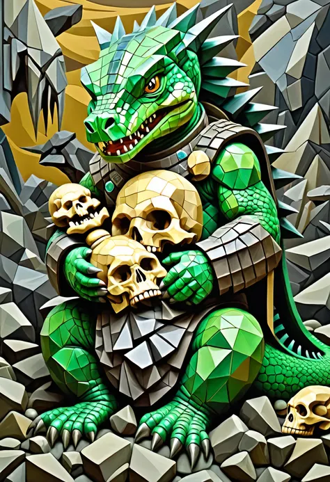 Grey and green scaled lizardman baby Genghis Khan holding a skull in cubist style. Surrounded by death and destruction and the undead