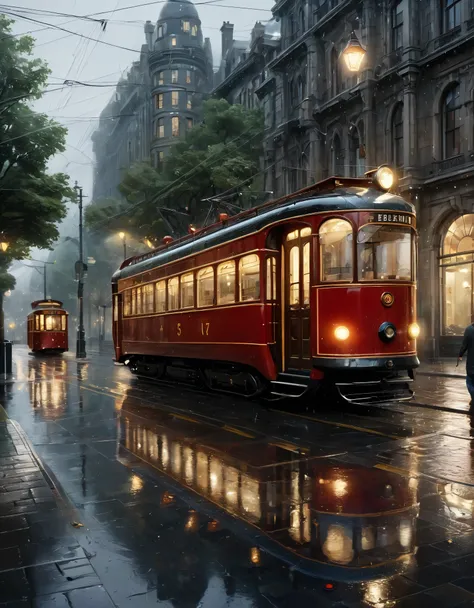 a rainy urban street scene. In the center, there is a vibrant red vintage tram with a glowing headlight, reflecting on the wet cobblestone street. The tram is surrounded by tall, old buildings with darkened windows and intricate architectural details. The ...