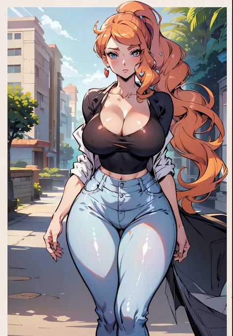 woman with large breasts, sexy body, cleavage, ((camisole)), Sonia from pokemon, ((cutesexyrobutts)), artgerm and lois van baarle, style artgerm, high quality fanart, unparalleled masterpiece, crop top, tight pants, ((lab coat)), ultra realistic 8k CG, per...