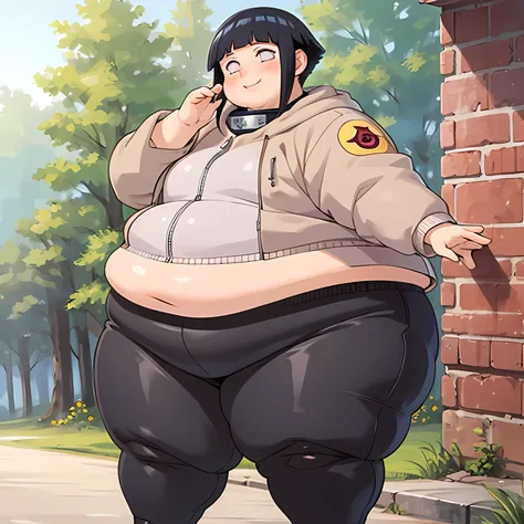 standing, shy, smile, blush, solo, 1girl, obese hyuuga hinata, thick thighs, perfect body, black hair, short hair, white eyes, no pupils, small breats, black pants, jacket, hands in cheeks, ultra detailed, masterpiece, best quality, aesthetic, detailed