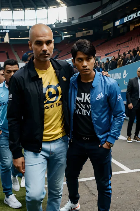 Pep Guardiola  making photo with An Indonesian (umur) year old man, short black hair neatly, headphones at head, wear eklusiif Nike sport jacket, versace golden t shirt, blue jeans pants, wear Adidas shoes, walkings at amidst the crowd of center Manchester...