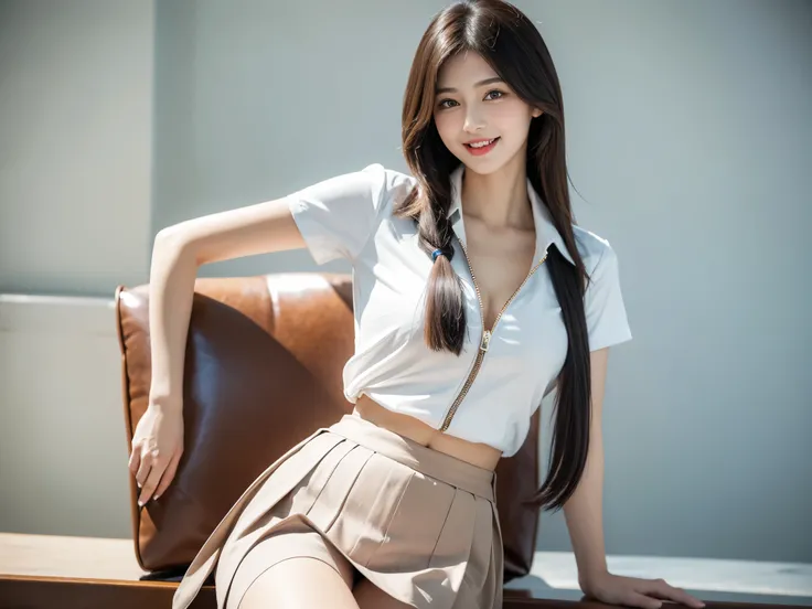 Highest quality, outstanding details, super high resolution, (fidelity: 1.4), the best illustration, favor details, highly condensed 1girl, with a delicate and beautiful face, delicate collarbone, high-quality fishtail zipper skirt, cleavage shirt, sexy sm...