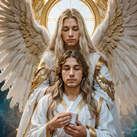 "A breathtaking celestial scene. A majestic angel with enormous, resplendent white wings, detailed and soft feathers. He is wearing a magnificent golden armor, ornate and intricately detailed, shimmering in the celestial light. The angel is gently holding ...