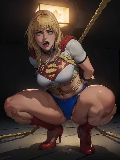 (((superheroine supergirl sex symbol, objeto sexual, she's wearing high heels))), (((she's handcuffed, dentro da gaiola, na cela...