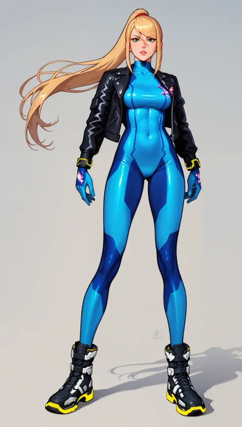 (best quality),female,Samus aran,blond hair,green eyes,zero suit,light blue body suit,Science fiction,ultra-detailed,sharp focus,aesthetic
score_9, score_8_up, score_7_up,source_anime,rating_safe,anime style, short leather jacket, simple background, plain ...