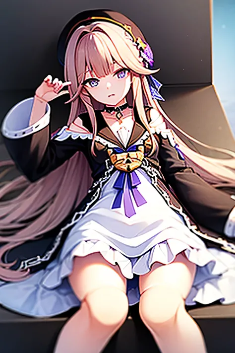 sherta, honkai star rail, (beret, black headwear, purple eyes, dress, hat, long hair, looking at viewer),Sleeping on the couch, bricks of