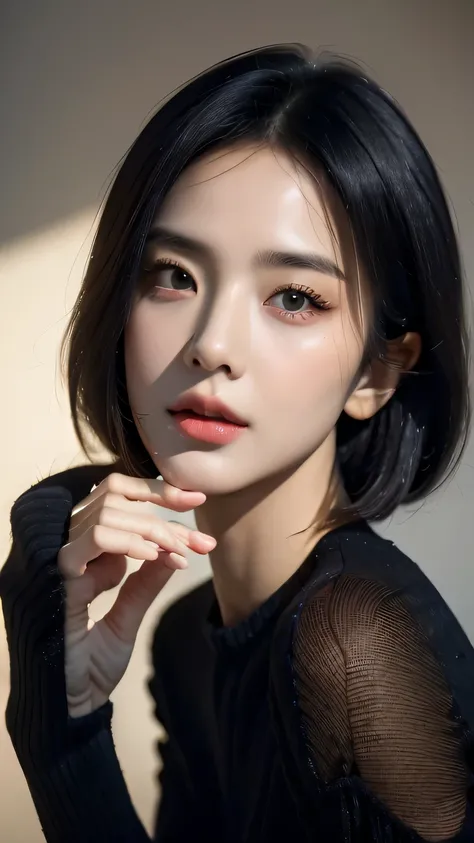 (masterpiece:1.3), (8k, photorealistic, RAW photo, best quality: 1.4), (1girl), beautiful face, (realistic face), (black hair, short hair:1.3), beautiful hairstyle, realistic eyes, beautiful detailed eyes, (realistic skin), beautiful skin, (navy blue sweat...