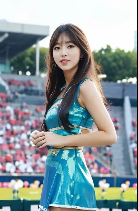 Shandong Geological Survey,1 girl,Asian,Cheerleader,(background: stadium),outdoor,looking at the audience,photoactual,actual,solitary,Flowers,Blue sky and white clouds,audience,Highest Numbers,underwear,Ultra HD resolution,Super thin face,Long eyelashes,ve...