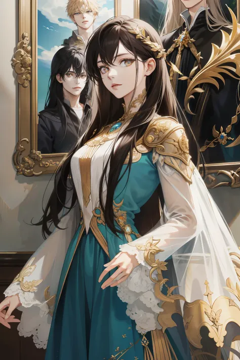 (absurd, high resolution, ultra detailed), When I noticed a painting on the wall.
It was a portrait of my family.
Zephyr stood beside. Valendrya. Her Dark hair and golden eyes highly resembled me. 
I stood in front of her With Valsendrake and Icarus standi...