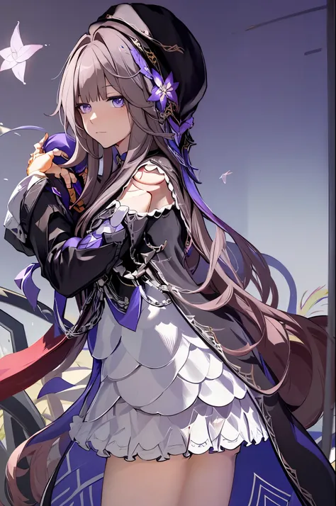 sherta, honkai star rail, (beret, black headwear, purple eyes, dress, hat, long hair, looking at viewer),hugging a stuffed shark