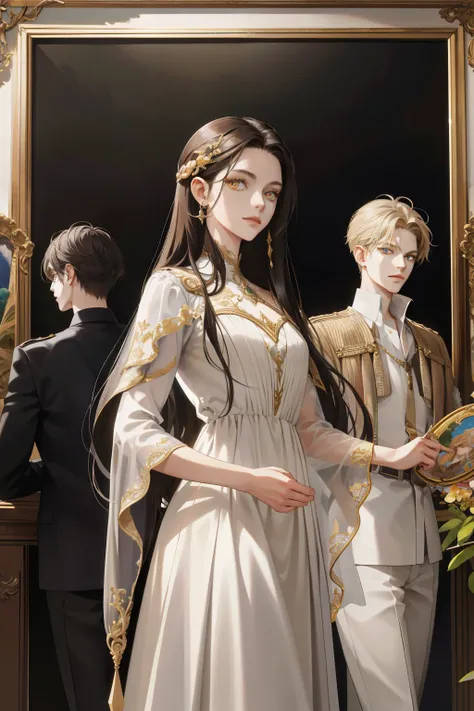 (absurd, high resolution, ultra detailed), When I noticed a painting on the wall.
It was a portrait of my family.
Zephyr stood beside. Valendrya. Her Dark hair and golden eyes highly resembled me. 
I stood in front of her With Valsendrake and Icarus standi...