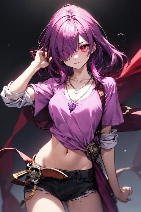 hair above one eye, red eyes, clear eyes, necklace, neon shirt, purple pirate costume,captain&#39;s hat、military cloak,sea tribe...