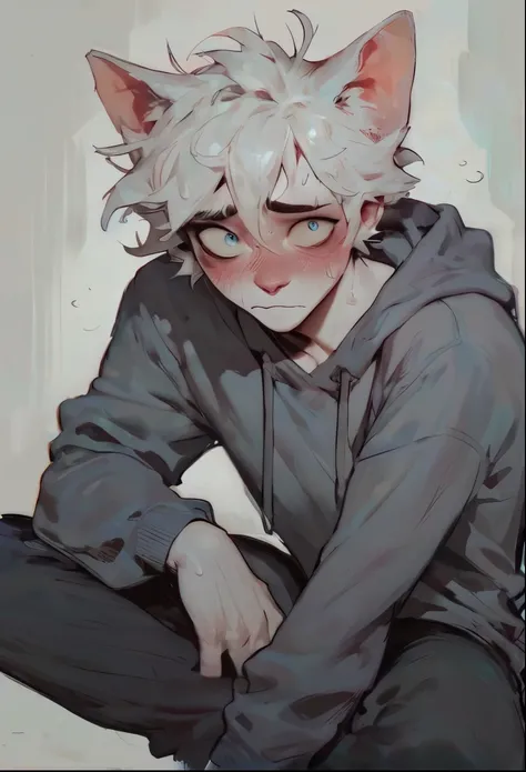 score_9, score_8_up, score_7_up,  Pretty Boy, vivid bright colors, highly sexual poses, pinup art, solo, White hair, messy hair, blush, solo, looking at viewer, nervous, blush, Anthropomorphic cat, cat snout, White fur, Grey hoodie, sweat pants, Loose pant...