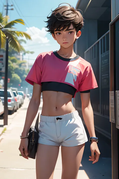 Teen boy 16 years old, boy wearning crop shirt and too wery short micro-shorts, boys micro-shorts is too very short and sporty, boys legs is beautifully, flirty boy, hot summer outfit, highest quality