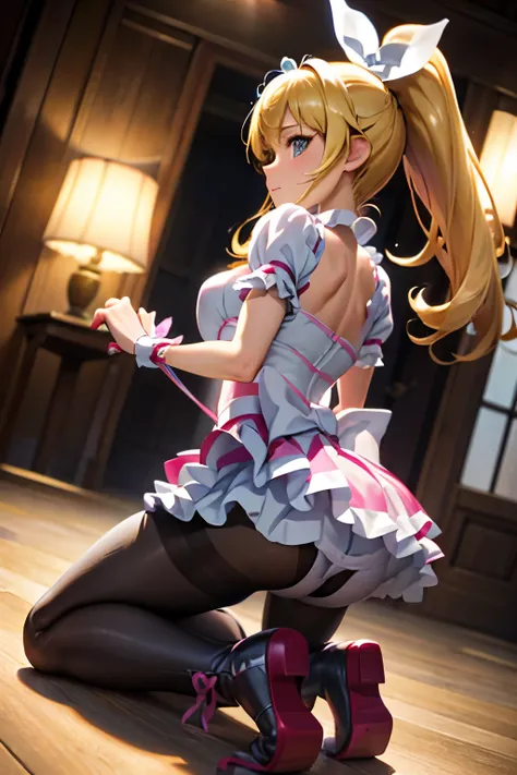 Cure Rhythm、Pretty Cure、Blonde、Long Hair、c cup breasts、Photo from below、(Inside the Jail)、One girl、((Pantyhose with holes))、(boots)、ponytail、(Being restrained)、Kneeling、(Black Pantyhose)、Spread your legs