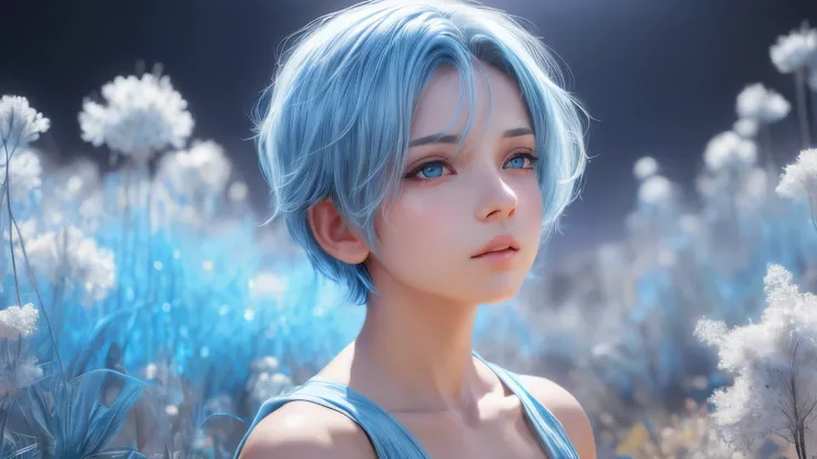 high quality,1 girl,short hair, Super detailed CG illustration of a young man with a calm expression, Stare into the distance,His striking light blue hair blew gently in the desert breeze. The landscape behind him is vast and stunning, Taking viewers into ...