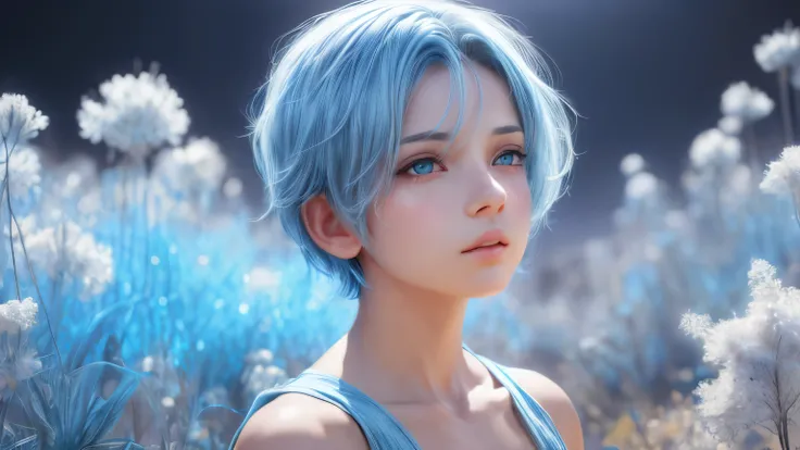 high quality,1 girl，short hair, Super detailed CG illustration of a young man with a calm expression, Stare into the distance，His striking light blue hair blew gently in the desert breeze. The landscape behind him is vast and stunning, Taking viewers into ...