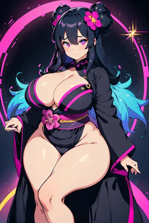 Create in pixel art, reminiscent of the RPGMaker style, a captivating image of a chubby woman exuding sensuality. Dressed in a striking black and neon pink kimono, she sits gracefully, adorned with intricate patterns that sparkle under the soft, ambient li...