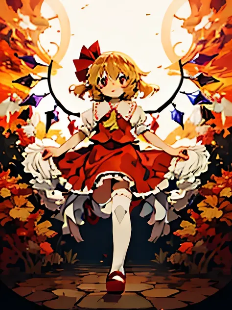 flandre scarlet、touhou project、young、lovely、white knee highs、slender、drawers、red shoes、