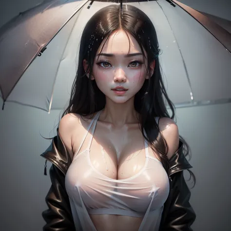 with intense rain，， 27-year-old Chinese girl，Raised sexy，drenched all over the body，clothes see-through:1.2,Sperm are all over the face, E cup，Wet hair，With sperm on the face，Milk on the face，The chest is huge