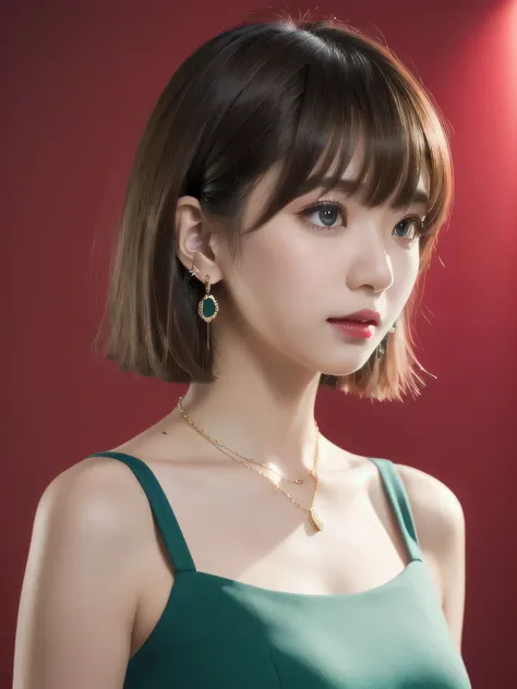 masterpiece, highest quality, (short hair, bangs, close:1.5), Hiccup, RAW Photos, Absurd, Delicate girl, (Beautiful Face, View Viewer, Sophisticated, Side Shot:1.4), Arched back, 16 years old, 8k, Digital SLR, (corset peplum top, skirt, Dark red eyeshadow,...