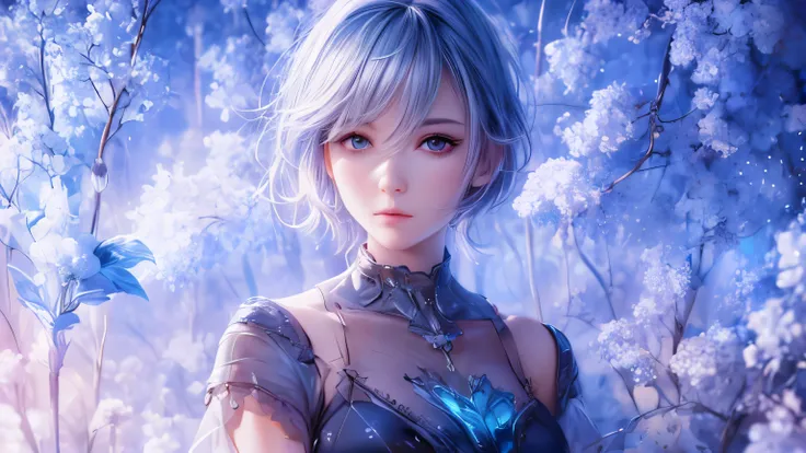 high quality,1 girl，short hair, Super detailed CG illustration of a young woman with a calm expression, Stare into the distance，His striking light blue hair blew gently in the desert breeze. The landscape behind him is vast and stunning, Taking viewers int...