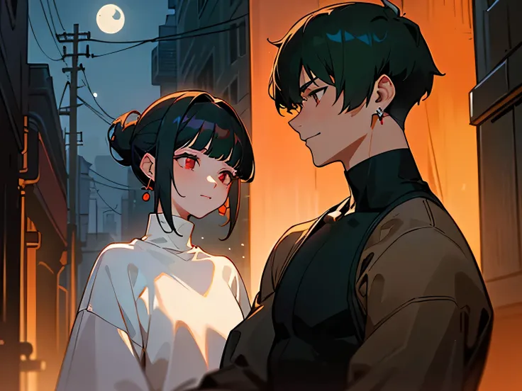 masterpiece, detailed, girl and male at an night alley ,  ( 1 girl and 1 male:1.3 ) , girl and male focus , darkgreen hair male , male has heavy bangs , ( short length under cut hairstyle male:1.3 ) , chignon hairstyle girl , ( girl with brown color single...