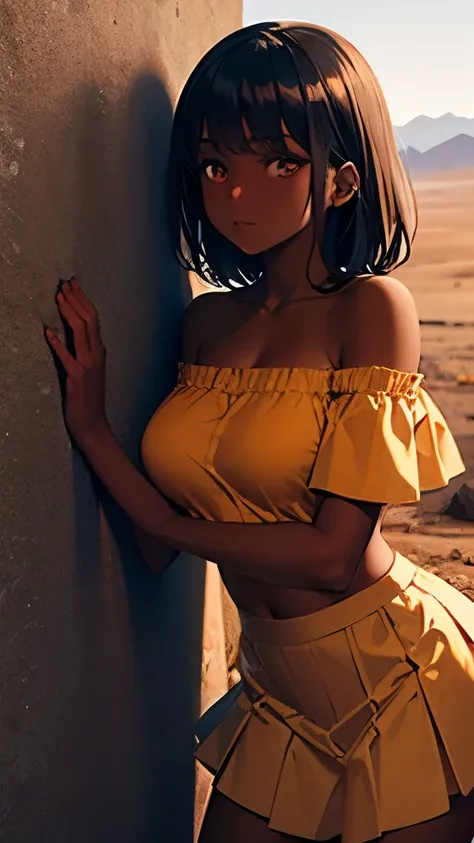 girl leaning against a wall, orange clothes, tulle skirt, off-the-shoulder blouse, ancient ruins in the desert, lustrous dark skin