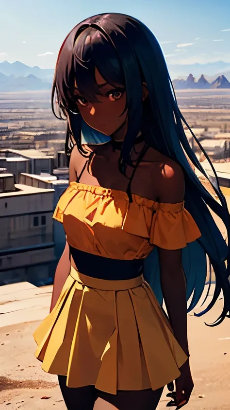 girl bending towards the viewer, orange clothes, tulle skirt, off-the-shoulder blouse, city ruins in the desert, lustrous dark skin