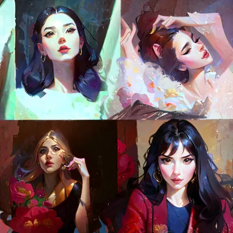 (obra de arte, melhor qualidade:1.2), lolsplashart, four paintings portraits of 1 girl, hyper detailed painting, in sweetpaint s...