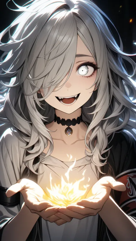 32k, best quality, ultra high res, HDR, UHD, extremely detailed CG, unity 32k wallpaper, highest quality, Intricate details, chromatic aberration, One girl, Long Hair, Gray Hair, Messy Hair, White highlights, Hair on one eye, White eyes, Sharp eyes, choker...