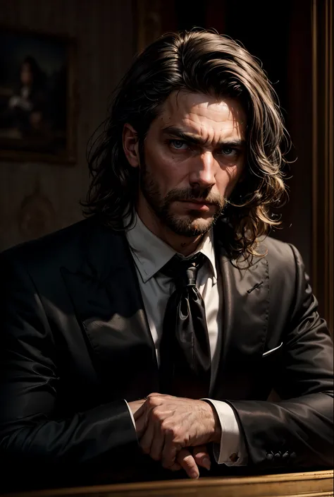  (((loosing black tie))), (masterpiece, best quality:1.4), portrait Solo, 30 years man, beard, european, brown eyes, serious eyes, black suit,  brown medium hair, shoulder-length hair,wavy hair, sharp eyes, 