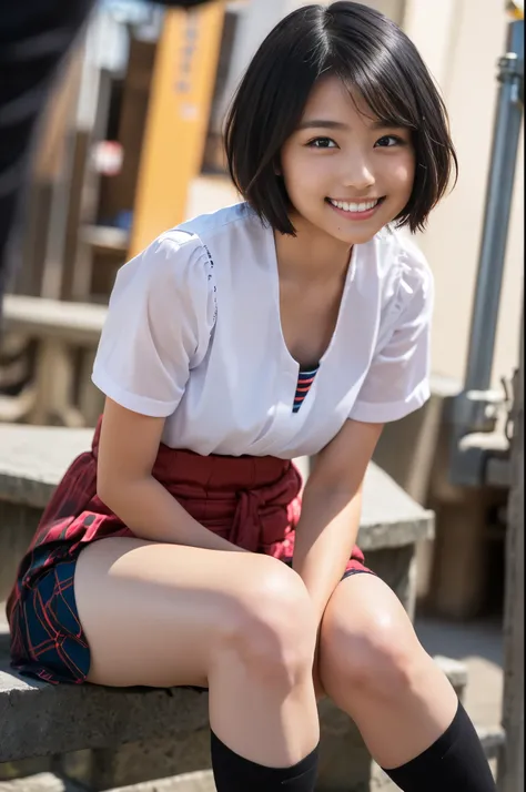 （8k、Raw photography、highest quality、masterpiece：1.2),(Black-haired、Very short hair:1.8),(:1.3)、View your viewers,Viewed from the front,White skin,(High school girls、 of Japan girls high school:1.6)、(Tight waist:1.6)、(Clothes that accentuate the shape of th...