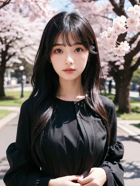 Black outfit、Comme des Garcons-like outfit、Portrait、Cherry blossom background、Long Black Hair、Japanese、
