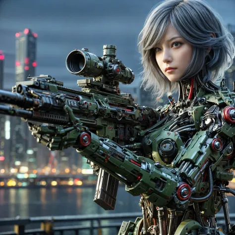 (top-quality:1.2, masterpiece), ultra high resolution, (Photorealsitic:1.4),, (bird-type mechanical heavy armor), (mechanical armor:1.3), light red base with silver and bronze accent, 1 Japanese female soldier, extremely realistic face, (blue hair), ((ulti...